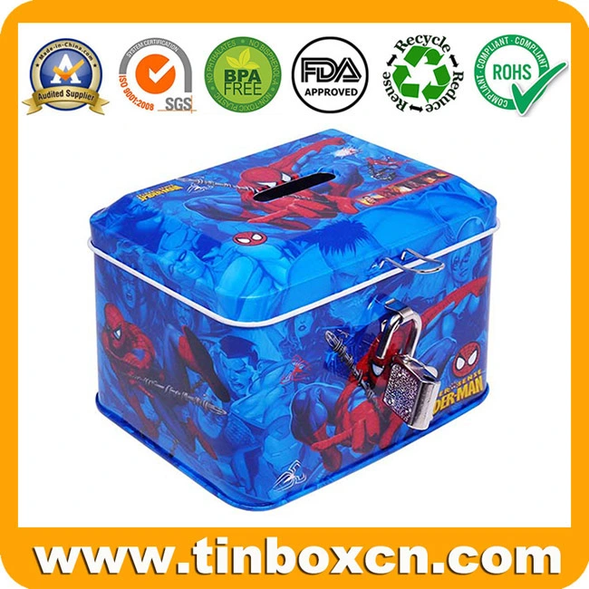 Customized Kids Spider-Man Rectangle Money Box Metal Tin Coin Bank with Lock for Piggy Bank Gifts